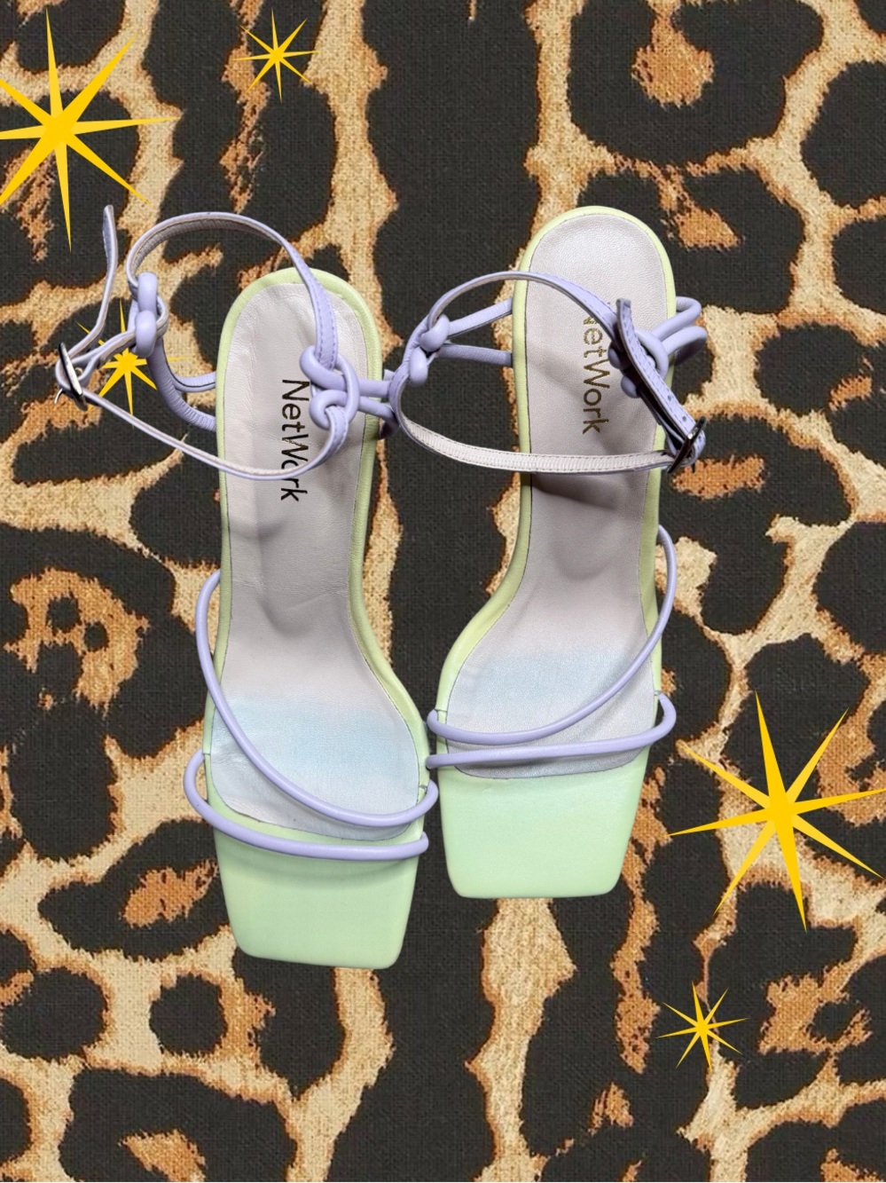 NETWORK | Pastel Green Lilac Strappy Heeled Sandals Square Toe Ankle Wrap | 38